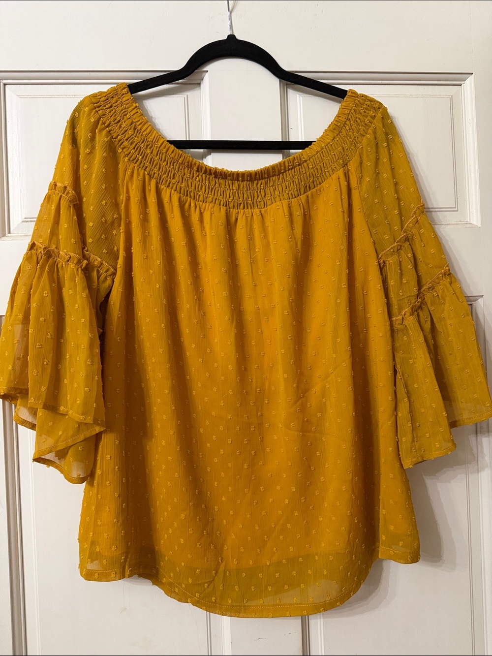 JODIFL Mustard Off-Shoulder Smocked Blouse
